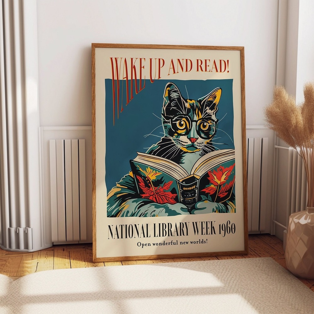 Cat And Book Poster - Wake Up And Read Inspiring Wall Decor